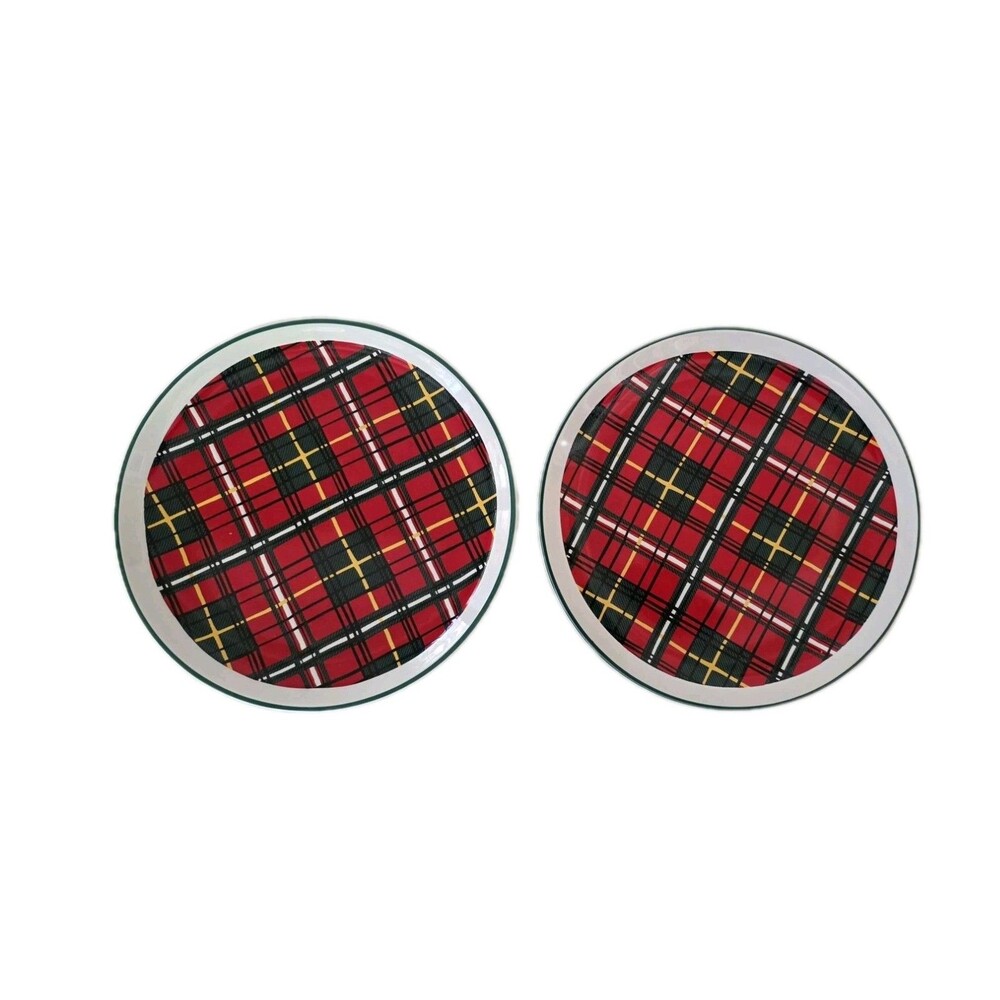 RB Bernarda Portugal 8" Salad Dessert Plates  Red Green Tartan Plaid Christmas